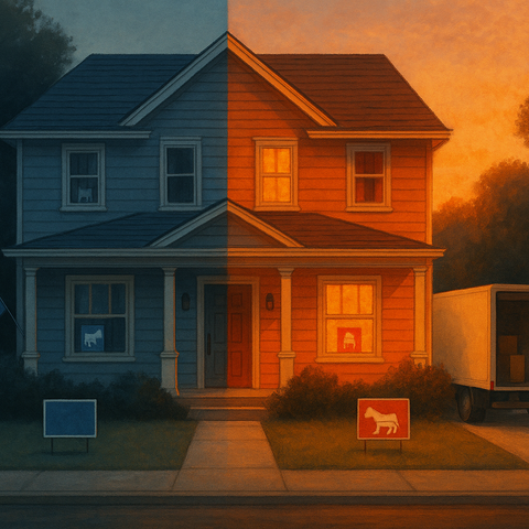 House with half blue and half red overlay